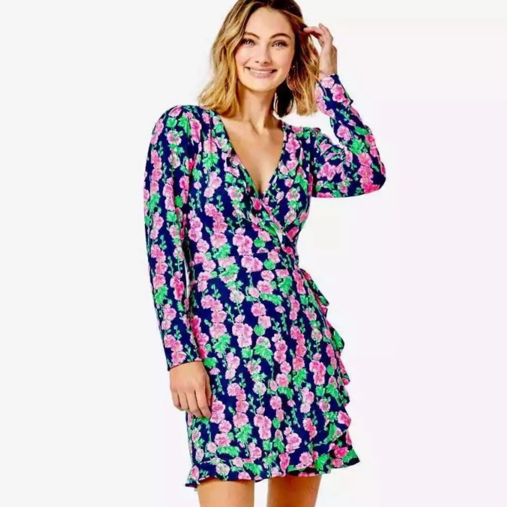Lilly Pulitzer Mirelle Wrap Romper Mini Dress Sz S Ruffle Trim Floral Navy Party